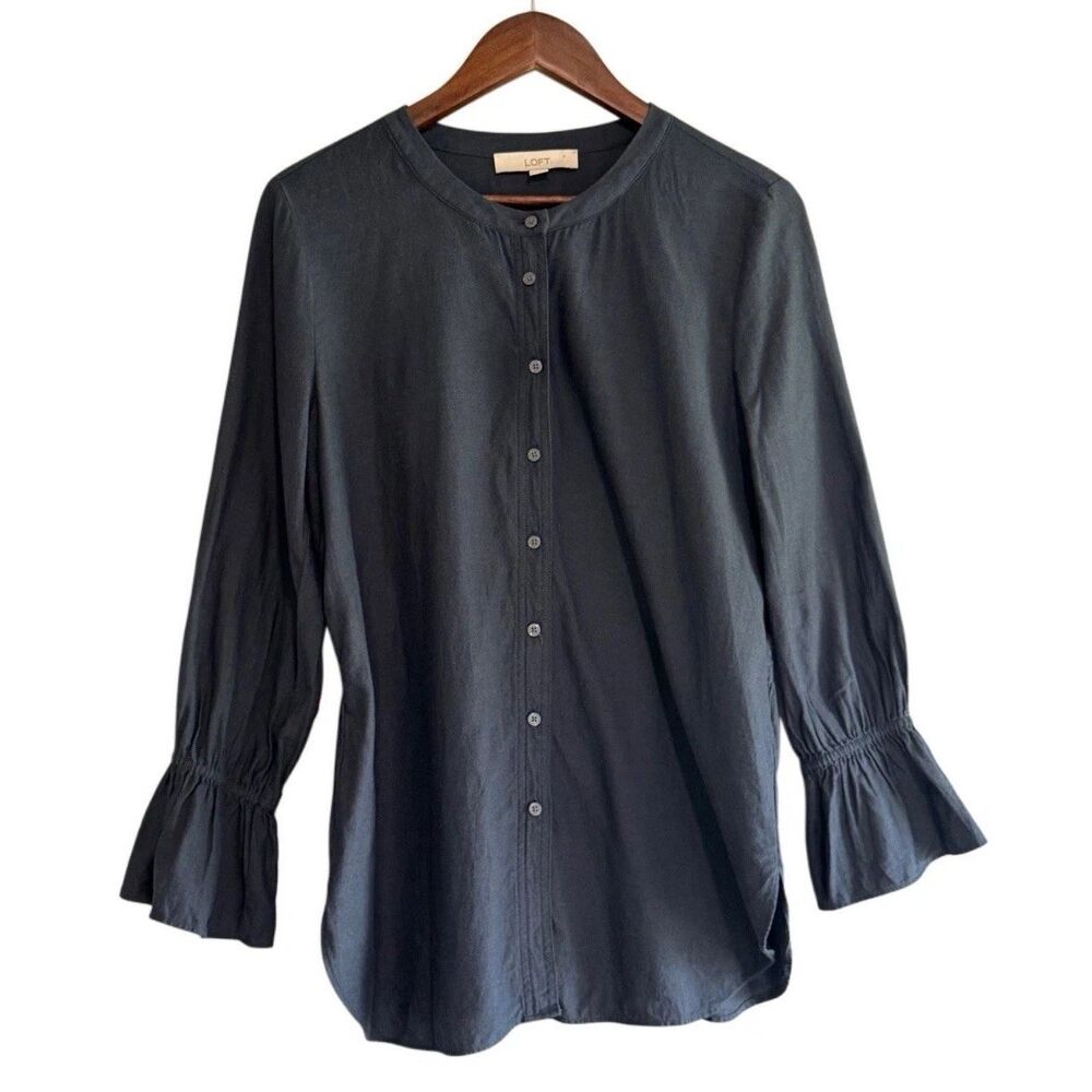 Loft‎ Cotton Navy Top Long Sleeve Flutter Ruched Ruffle Flared Nautical Button M